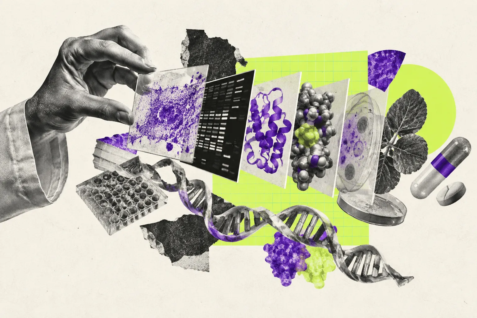 Editorial illustration for GPT-Rosalind specializes in life-sciences research